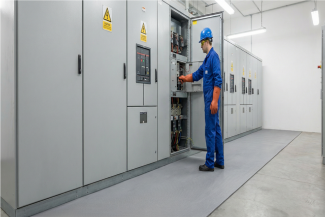 Tapete Dieléctrico de hule estriado para seguridad eléctrica industrial Tapete Dieléctrico de hule estriado en sala eléctrica con técnico realizando mantenimiento frente a tableros eléctricos