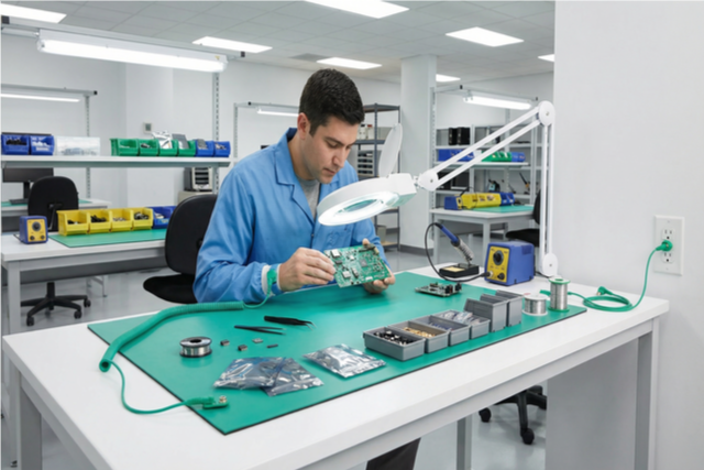 Tapete Antiestático para control ESD en áreas eléctricas y electrónicas Tapete Antiestático en sala de control con técnico trabajando frente a tableros eléctricos y equipo electrónico industrial
