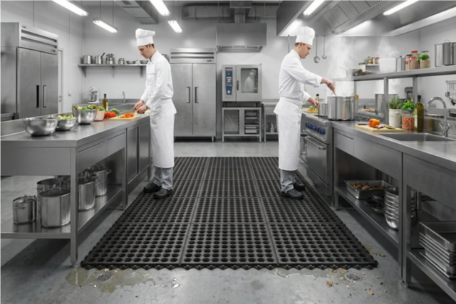 Tapete antifatiga 90x90 modular de hule con orificios de drenaje y encaje tipo rompecabezas