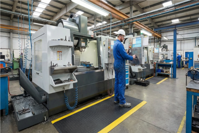 Tapete Antifatiga de Seguridad industrial individual con franjas amarillas laterales, superficie diamantada antiderrapante y bordes biselados
